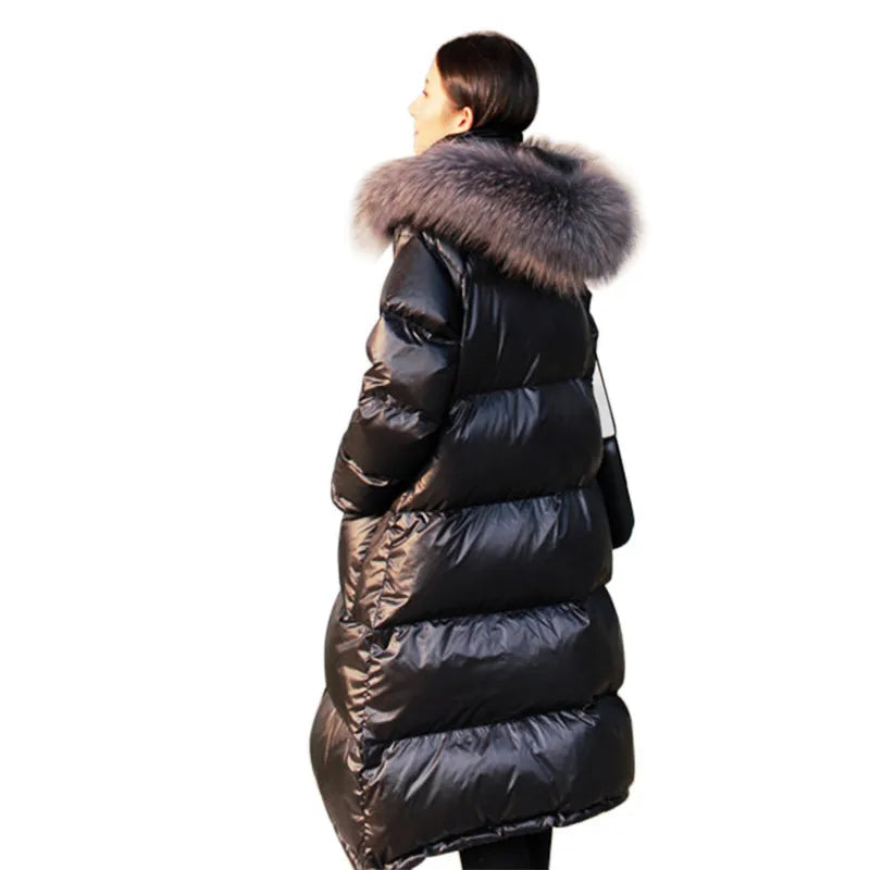 January 2024 Long Down Jacket Women Winter Black Loose Real Raccoon Fur Hooded Fashion Waterproof Female Duck Down Puffer Coat