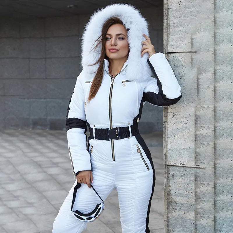 Ski Jumpsuit Women White with Black Insert Ski Winter Suits Comfy Hooded Faux Fur Jacket fashion Warm Female Pants Suit Sets