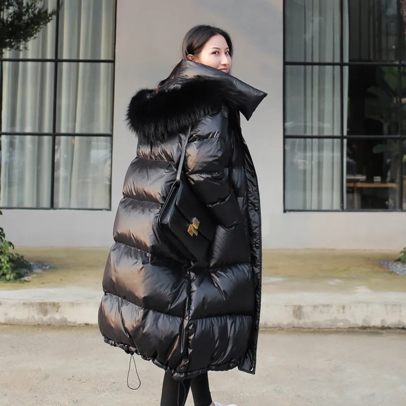 January 2024 Long Down Jacket Women Winter Black Loose Real Raccoon Fur Hooded Fashion Waterproof Female Duck Down Puffer Coat