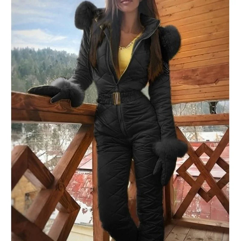 Winter Hooded Jumpsuits Parka Elegant Cotton Padded Warm Sashes Ski Suit Straight Zipper One Piece Women Tracksuits