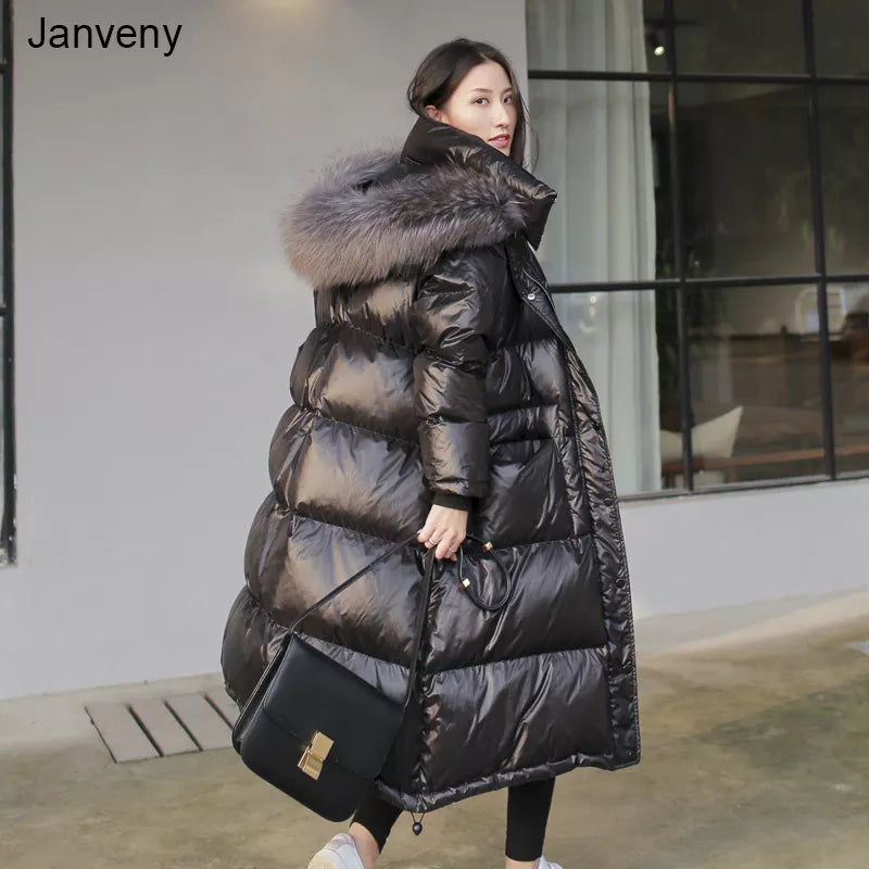 January 2024 Long Down Jacket Women Winter Black Loose Real Raccoon Fur Hooded Fashion Waterproof Female Duck Down Puffer Coat