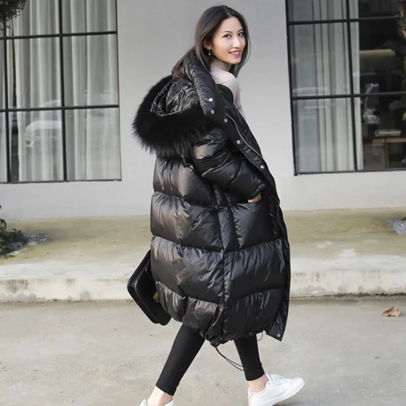 January 2024 Long Down Jacket Women Winter Black Loose Real Raccoon Fur Hooded Fashion Waterproof Female Duck Down Puffer Coat