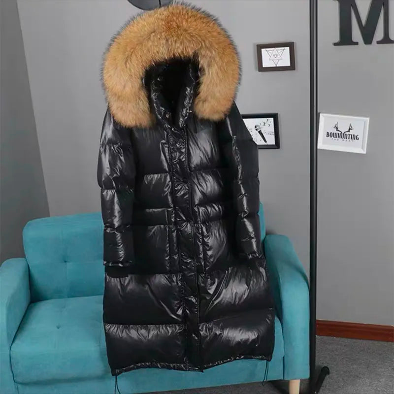 January 2024 Long Down Jacket Women Winter Black Loose Real Raccoon Fur Hooded Fashion Waterproof Female Duck Down Puffer Coat