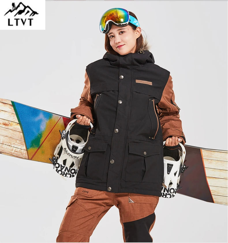 LTVT Double Board Female Ski Suit Couple Single Double Board Waterproof Thick Hanging Strap Detachable Slim fit Women Ski Set