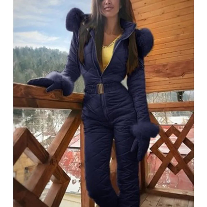 Winter Hooded Jumpsuits Parka Elegant Cotton Padded Warm Sashes Ski Suit Straight Zipper One Piece Women Tracksuits