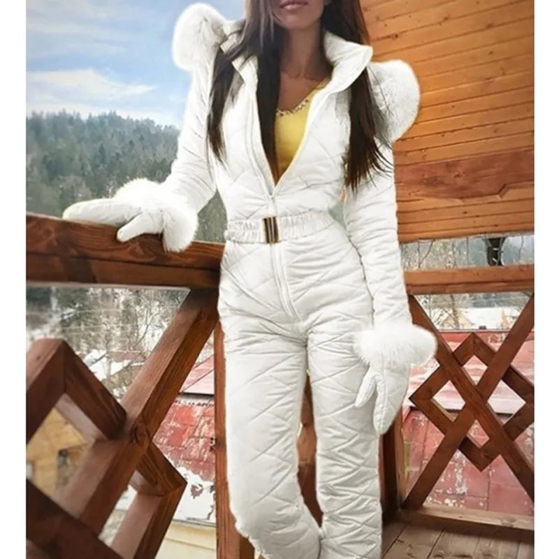 Winter Hooded Jumpsuits Parka Elegant Cotton Padded Warm Sashes Ski Suit Straight Zipper One Piece Women Tracksuits