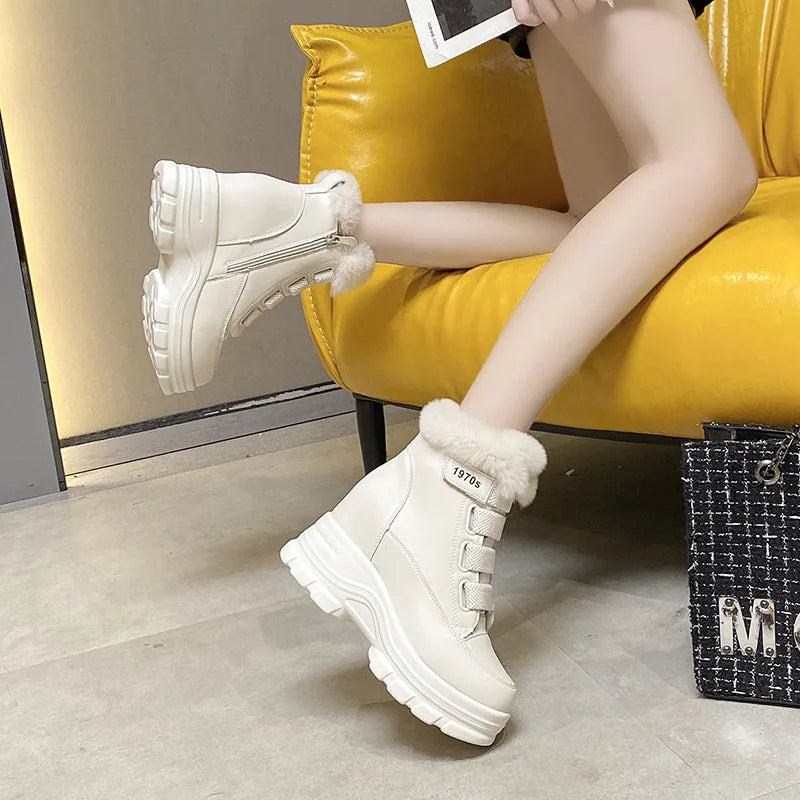 8cm Sports Women's Boots 2023 Autumn and Winter Fashionable High-top Sneakers Shoes Furry Korean Style Boots Thick-soled Shoes