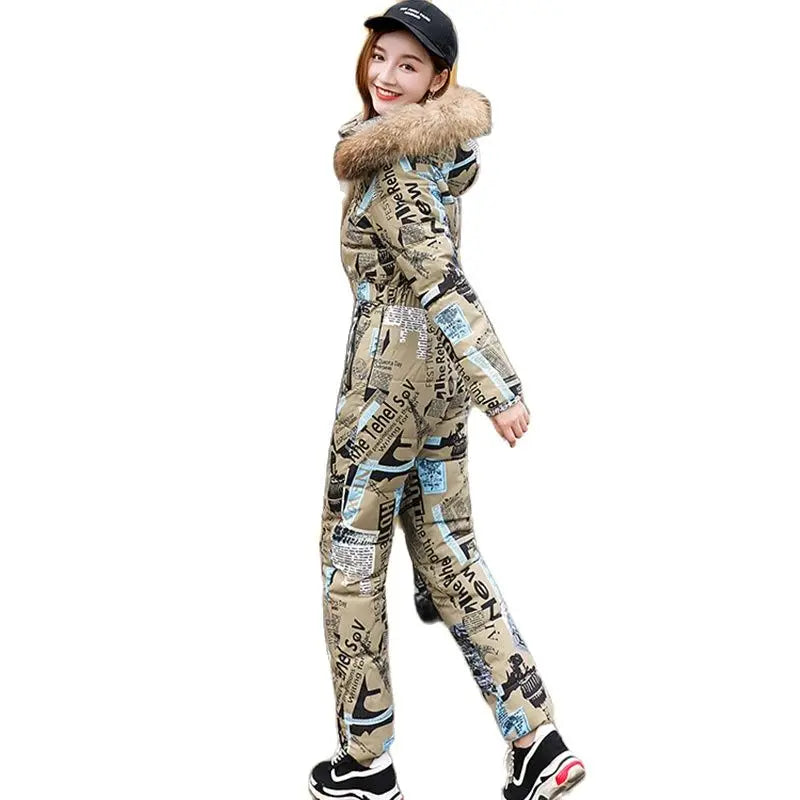 2023 Winter New Printed Elegant Jumpsuit One Piece For Women Ski Suit Female Jumpsuit Real Raccoon Fur Collar Bodysuit Women