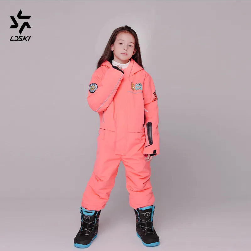 LDSKI Kids Ski Jumpsuit Waterproof Windproof Breathable Warm Children Winter Outdoor Sports Snowboarding Boy Girl One-Piece Suit