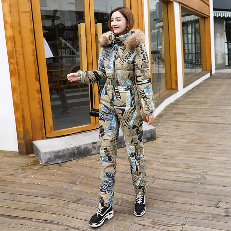 2023 Winter New Printed Elegant Jumpsuit One Piece For Women Ski Suit Female Jumpsuit Real Raccoon Fur Collar Bodysuit Women