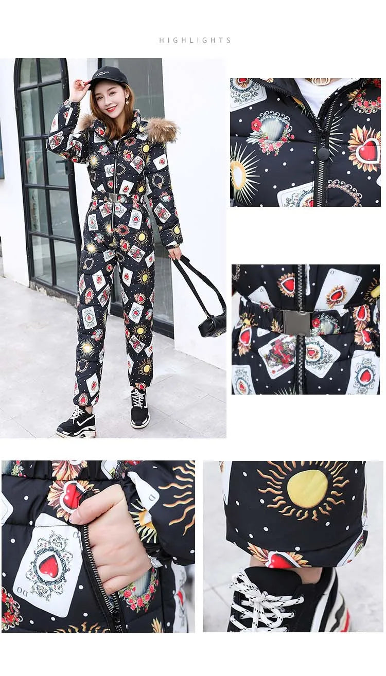 Windbreak Warm One Piece Jumpsuit Women Outfit Ski Suit Jacket Winter Parka Female Hooded Bodysuit Overalls Women Tracksuits