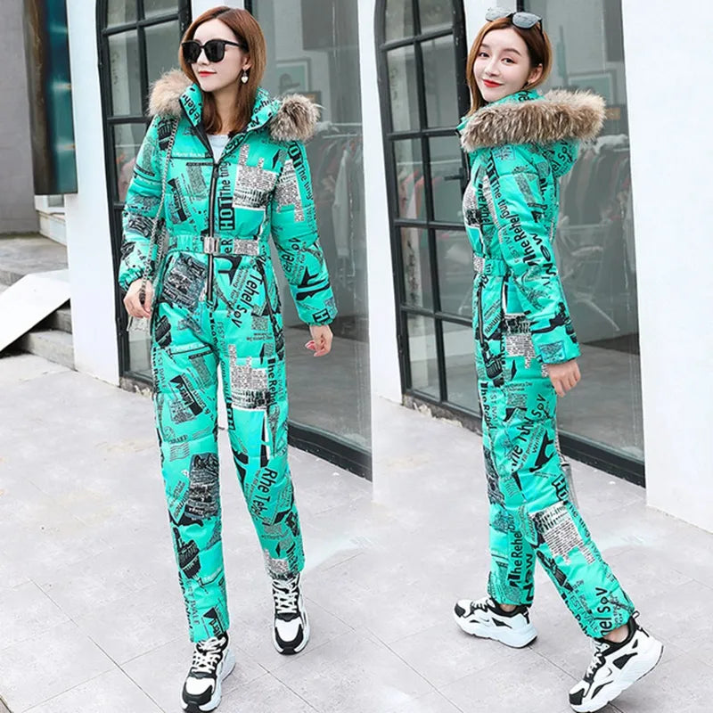 2023 Winter New Printed Elegant Jumpsuit One Piece For Women Ski Suit Female Jumpsuit Real Raccoon Fur Collar Bodysuit Women