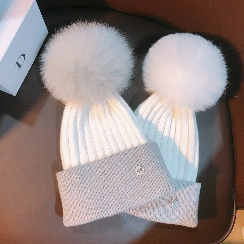 Natural  Mink Pom Pom Beanies Winter Hat Children Women fox Fur Pompoms Kids Knitted Hat Fashion Ear Protection Wool Hat