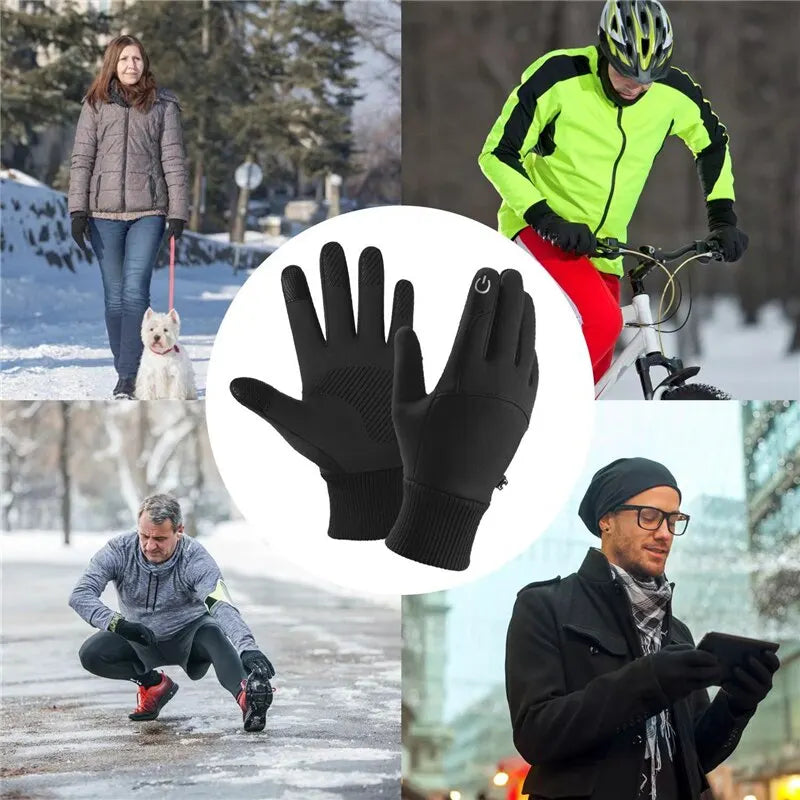 Black Winter Warm Full Fingers Waterproof Cycling Outdoor Sports Running Motorcycle Ski Touch Screen Fleece Gloves