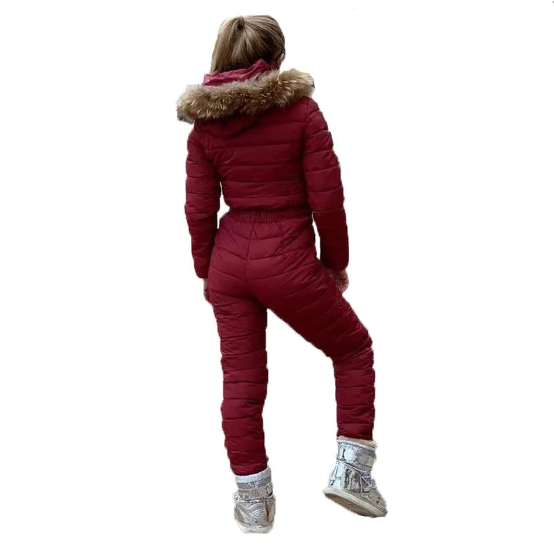 FORERUN One Piece Ski Suit Women Winter Fur Hooded Jumpsuit Cotton Padded Sashes Parka Jumpsuits Zipper Overalls Tracksuits