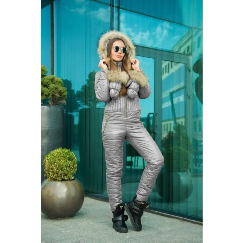 Ski Suit Warm One-Piece Women Jumpsuit Y2K Casual Sports Ski Jacket Hooded Long Anorak Cotton-Padded Jacket Parka Skiwear