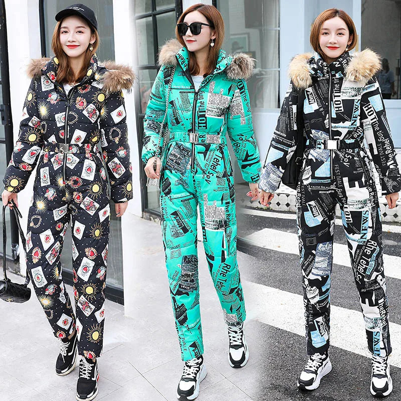 Windbreak Warm One Piece Jumpsuit Women Outfit Ski Suit Jacket Winter Parka Female Hooded Bodysuit Overalls Women Tracksuits