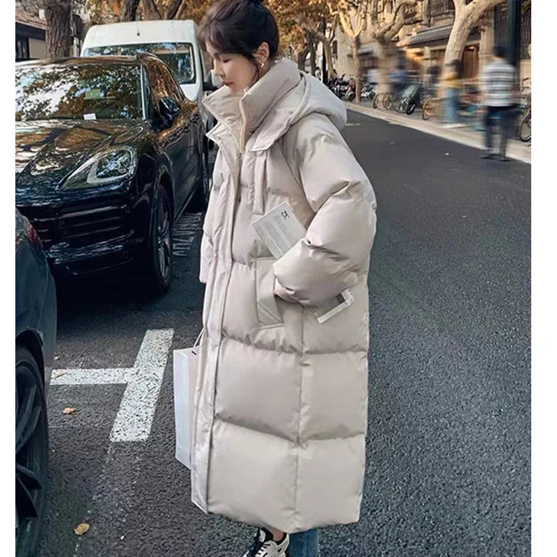 Women's Blue Down Jacket Hooded Long Cotton Clothes Winter Warm Thicken Windproof Korean Fashion Loose Oversized Coat Tops