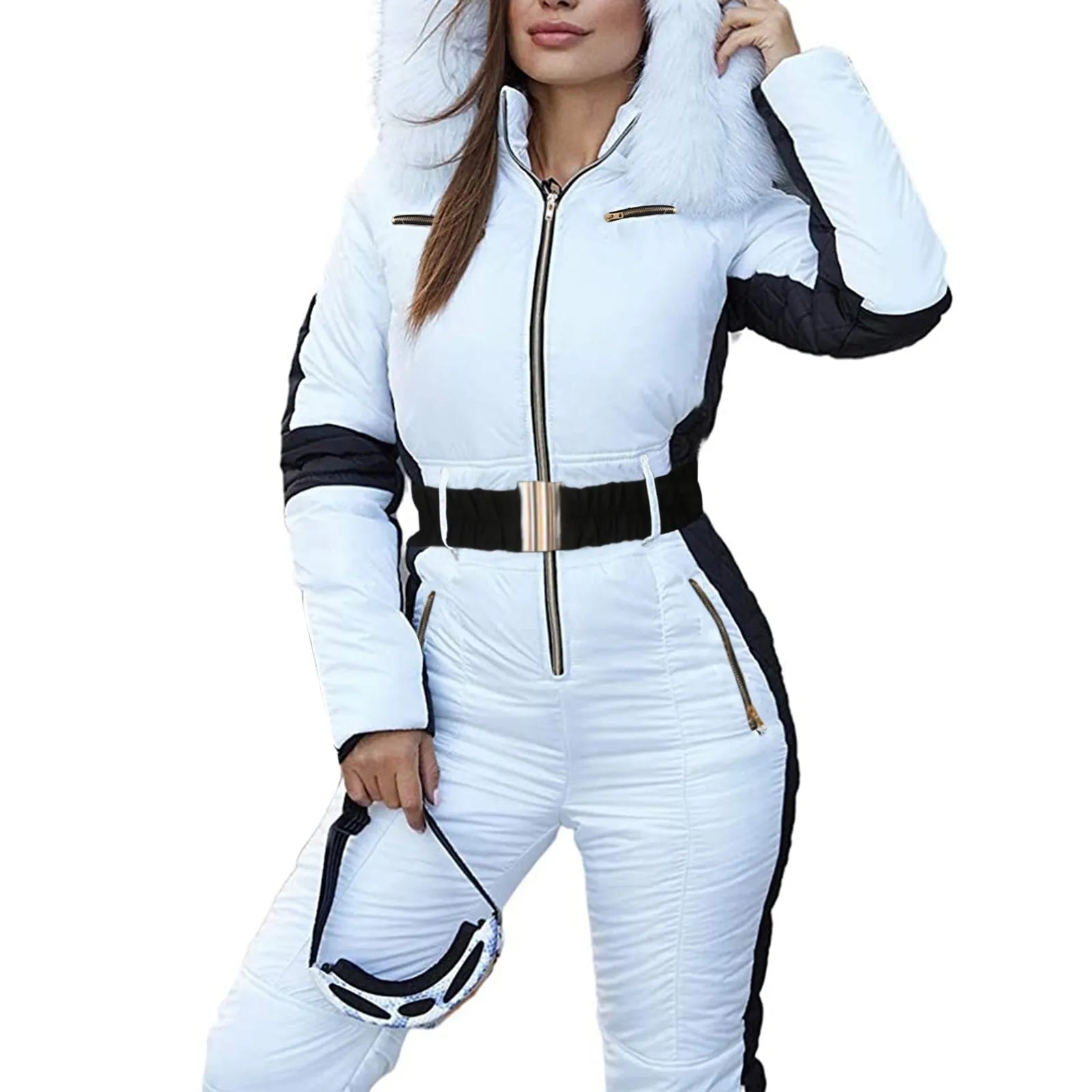 Ski Jumpsuit Women White with Black Insert Ski Winter Suits Comfy Hooded Faux Fur Jacket fashion Warm Female Pants Suit Sets