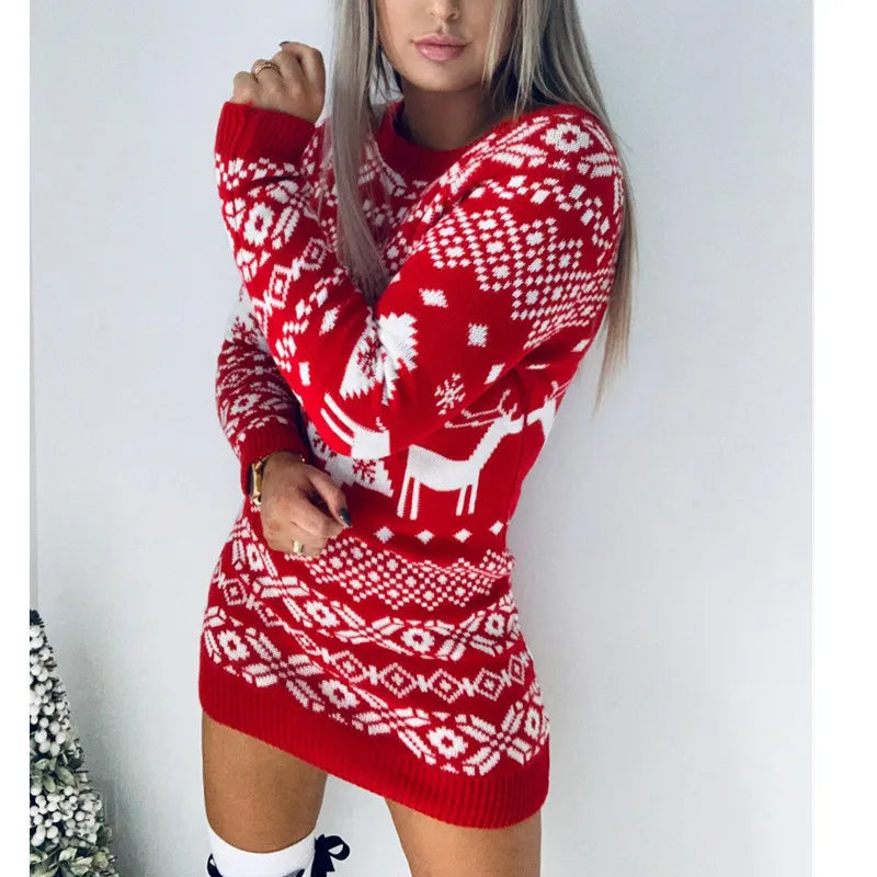 Sweater Women Christmas Deer Knitted Long Sleeve Round Neck Ladies Jumper Fashion Casual Winter Autumn Pullover ClothesPlus Size