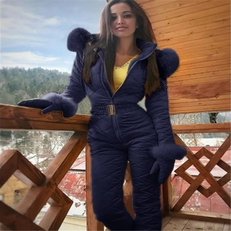 New Winter Women's Hooded Jumpsuits Parka Cotton Padded Warm Sashes Ski Suit Straight Zipper One Piece Casual Tracksuits 2023