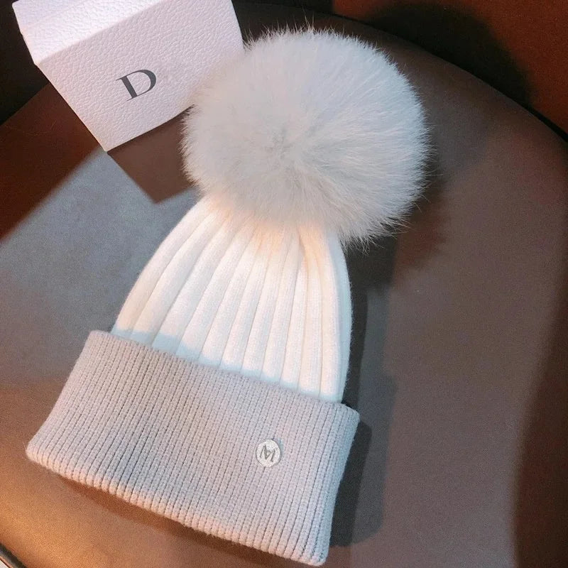 Natural  Mink Pom Pom Beanies Winter Hat Children Women fox Fur Pompoms Kids Knitted Hat Fashion Ear Protection Wool Hat