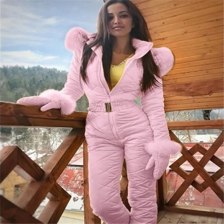 New Winter Women's Hooded Jumpsuits Parka Cotton Padded Warm Sashes Ski Suit Straight Zipper One Piece Casual Tracksuits 2023