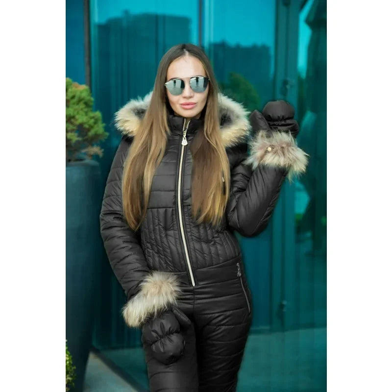 Ski Suit Warm One-Piece Women Jumpsuit Y2K Casual Sports Ski Jacket Hooded Long Anorak Cotton-Padded Jacket Parka Skiwear