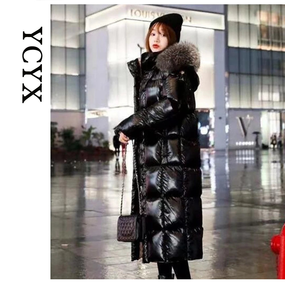 YCYX  Women Fur Down coat  Women Winter Black Loose Long Down Jacket Real Fox Fur Collar Hooded Fashion Waterproof Female YC504