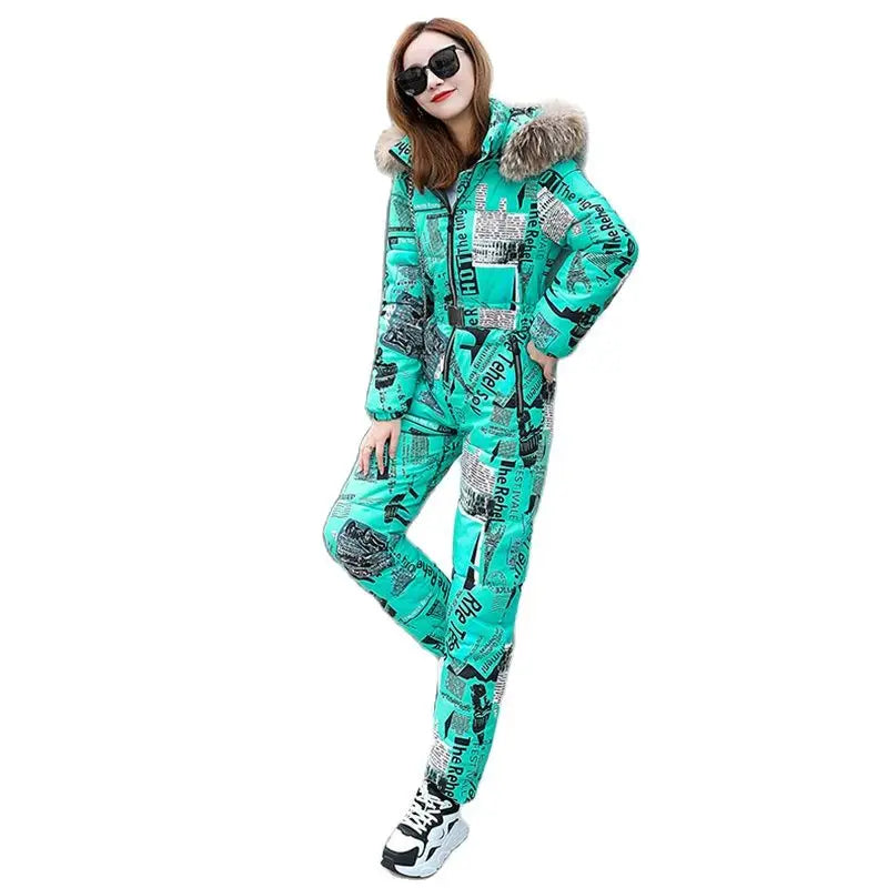 2023 Winter New Printed Elegant Jumpsuit One Piece For Women Ski Suit Female Jumpsuit Real Raccoon Fur Collar Bodysuit Women