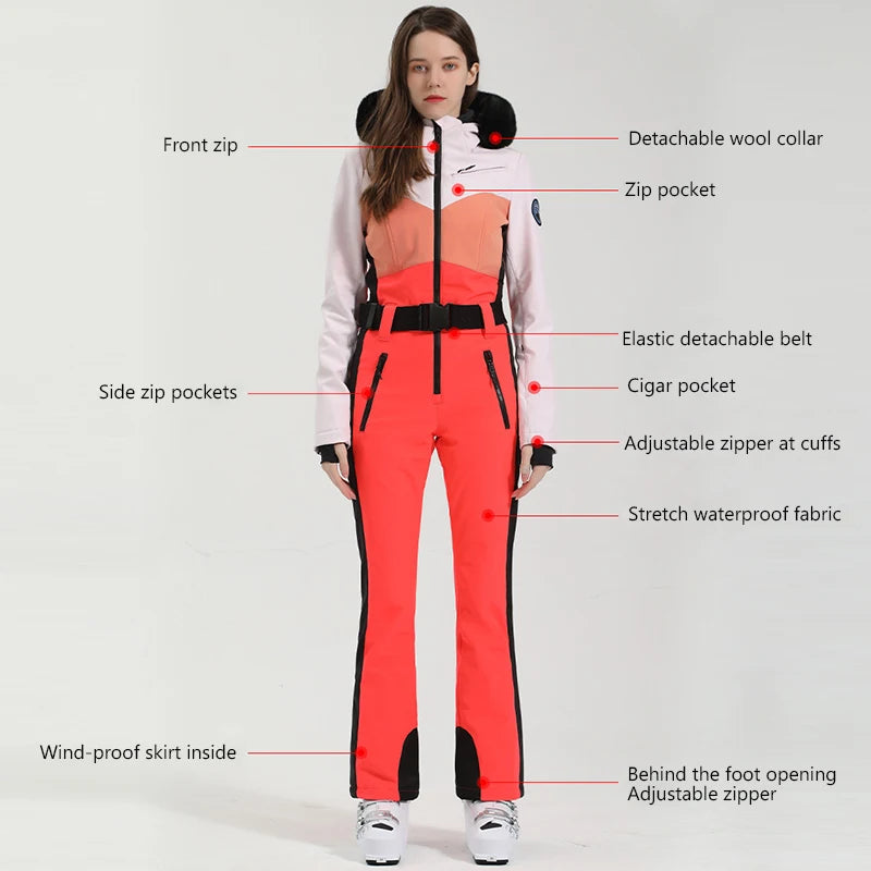 2023 Winter Ski Suit Women One-Piece Snowboarding Overalls Women Outdoor Snowboarding Jacket Skiing Set Jumpsuits Waterproof