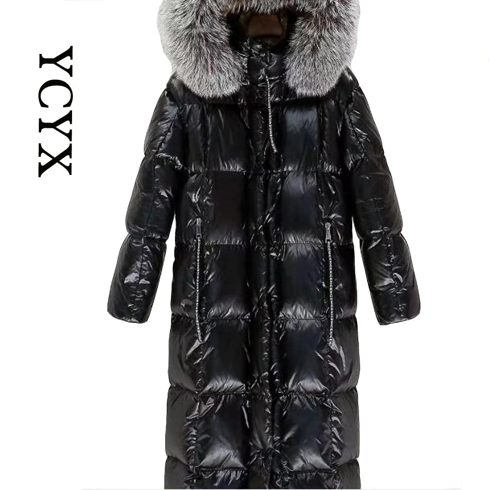 YCYX  Women Fur Down coat  Women Winter Black Loose Long Down Jacket Real Fox Fur Collar Hooded Fashion Waterproof Female YC504