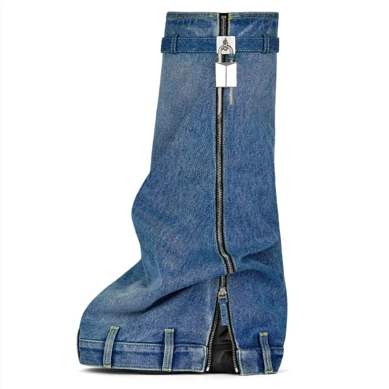 2023 Winter New Style Women's Knee-high Boots Round Toe Platform Wedges Denim Female Shoes Fashion Metal Decoration Boots Woman