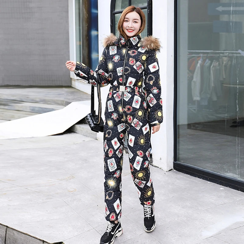 2023 Winter New Printed Elegant Jumpsuit One Piece For Women Ski Suit Female Jumpsuit Real Raccoon Fur Collar Bodysuit Women