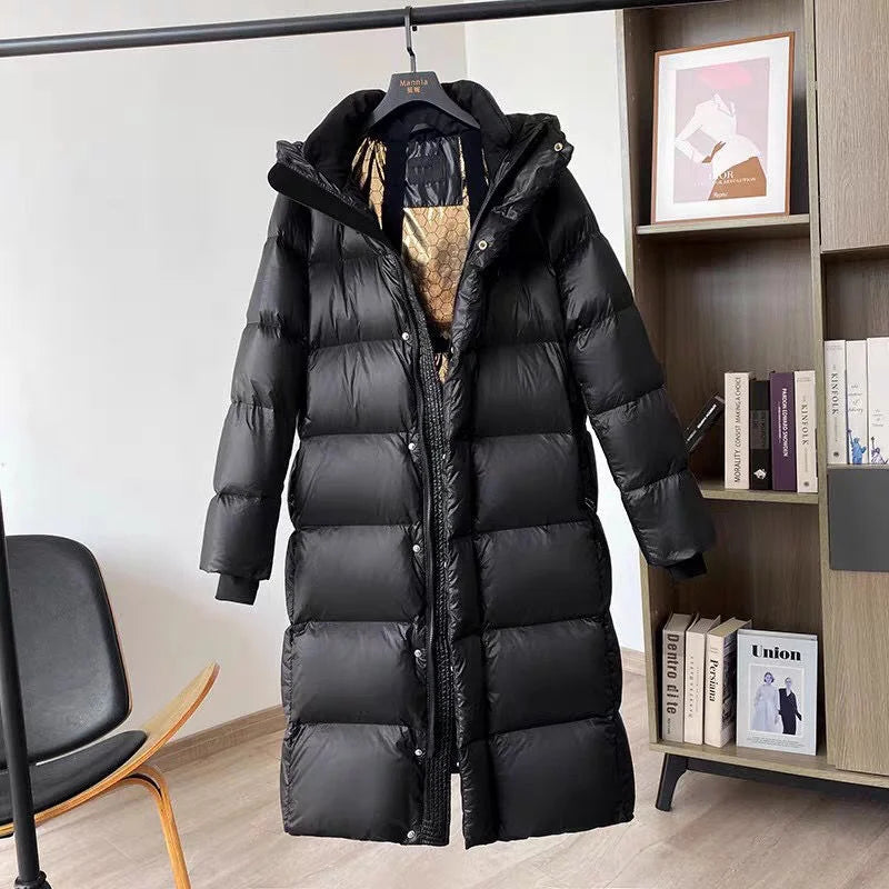 Black Gold Jacket Women Extra Thick White Duck Down 2023 Winter New Slim Casual High-end Winter Mid-length Solid Color Coat