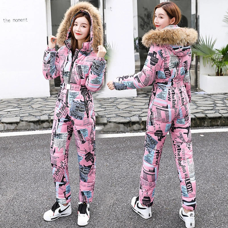 2023 Winter New Printed Elegant Jumpsuit One Piece For Women Ski Suit Female Jumpsuit Real Raccoon Fur Collar Bodysuit Women