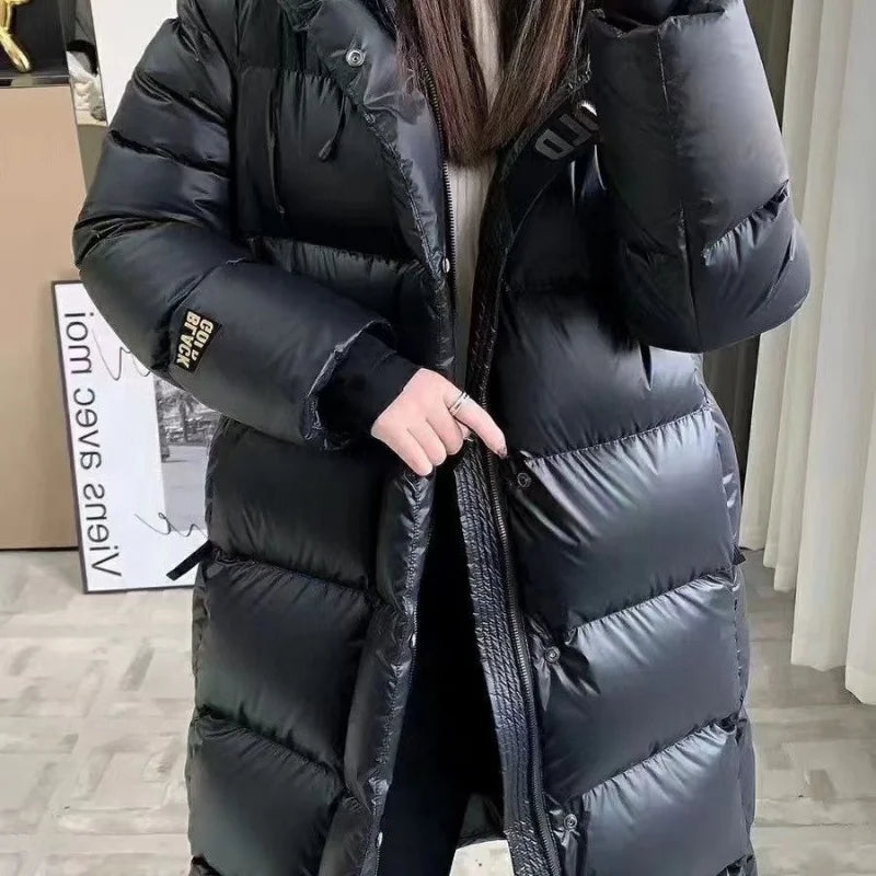 Black Gold Jacket Women Extra Thick White Duck Down 2023 Winter New Slim Casual High-end Winter Mid-length Solid Color Coat