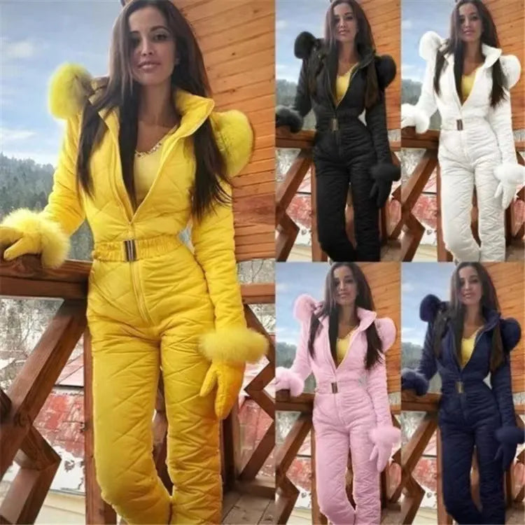 New Winter Women's Hooded Jumpsuits Parka Cotton Padded Warm Sashes Ski Suit Straight Zipper One Piece Casual Tracksuits 2023