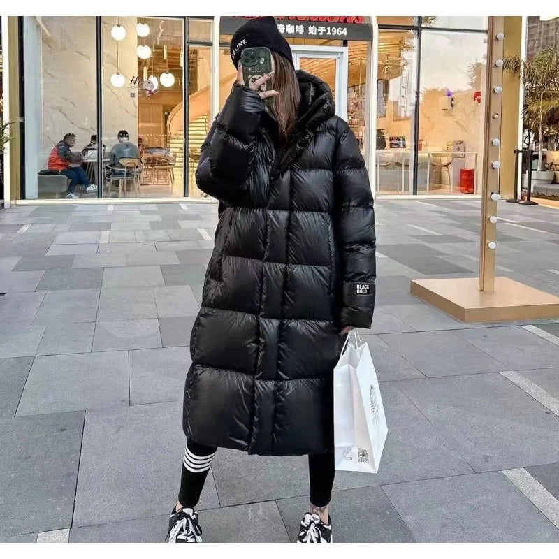 Black Gold Jacket Women Extra Thick White Duck Down 2023 Winter New Slim Casual High-end Winter Mid-length Solid Color Coat