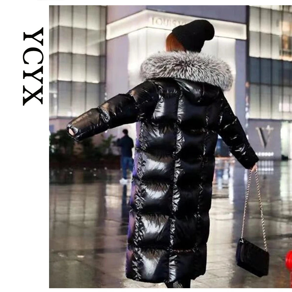 YCYX  Women Fur Down coat  Women Winter Black Loose Long Down Jacket Real Fox Fur Collar Hooded Fashion Waterproof Female YC504