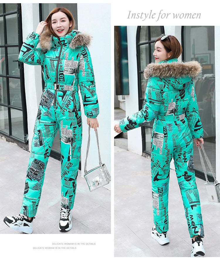 Windbreak Warm One Piece Jumpsuit Women Outfit Ski Suit Jacket Winter Parka Female Hooded Bodysuit Overalls Women Tracksuits