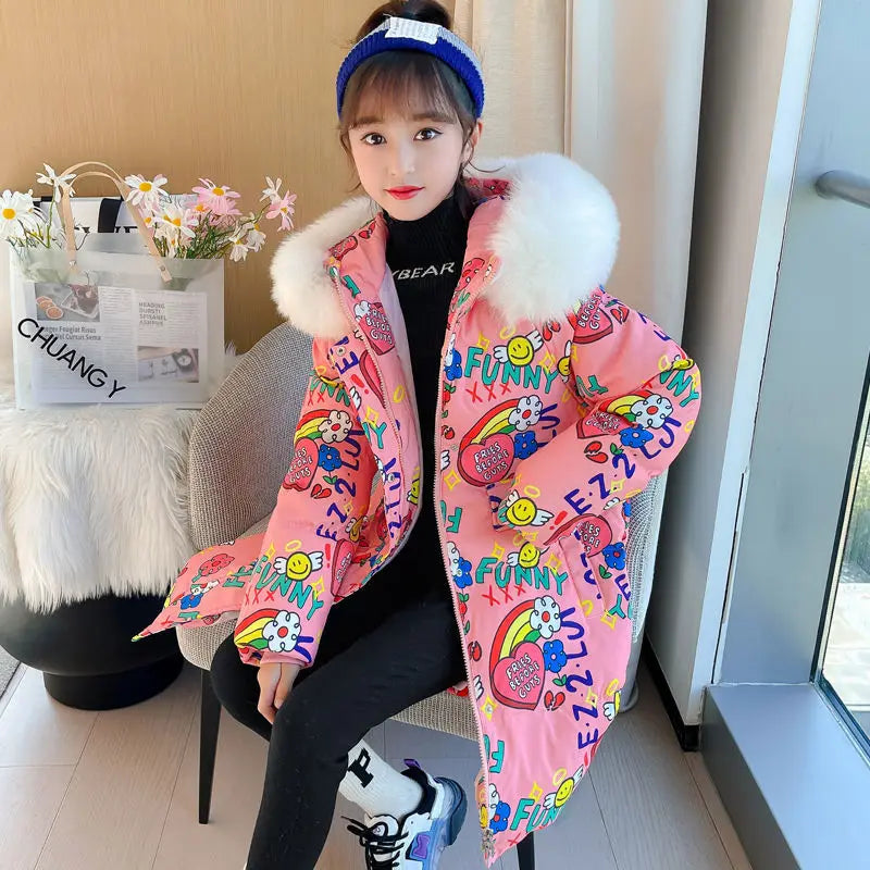 Winter Warm Jackets for Girls Two Colors Faux Fur Hooded Coat Kids White Duck Down Parkas Children Waterproof Outwear TZ672