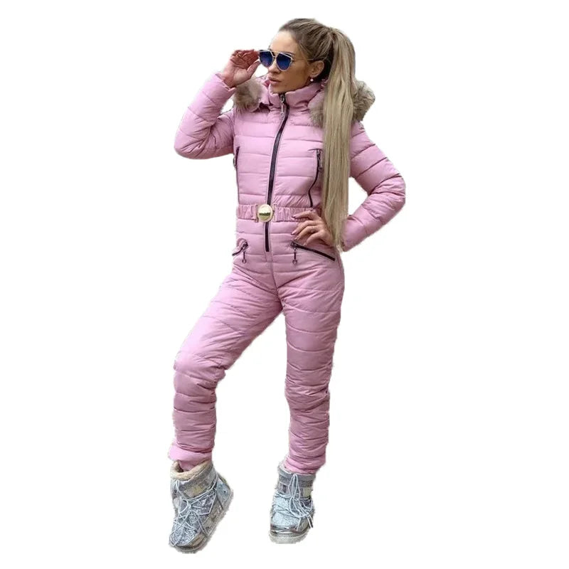 FORERUN One Piece Ski Suit Women Winter Fur Hooded Jumpsuit Cotton Padded Sashes Parka Jumpsuits Zipper Overalls Tracksuits