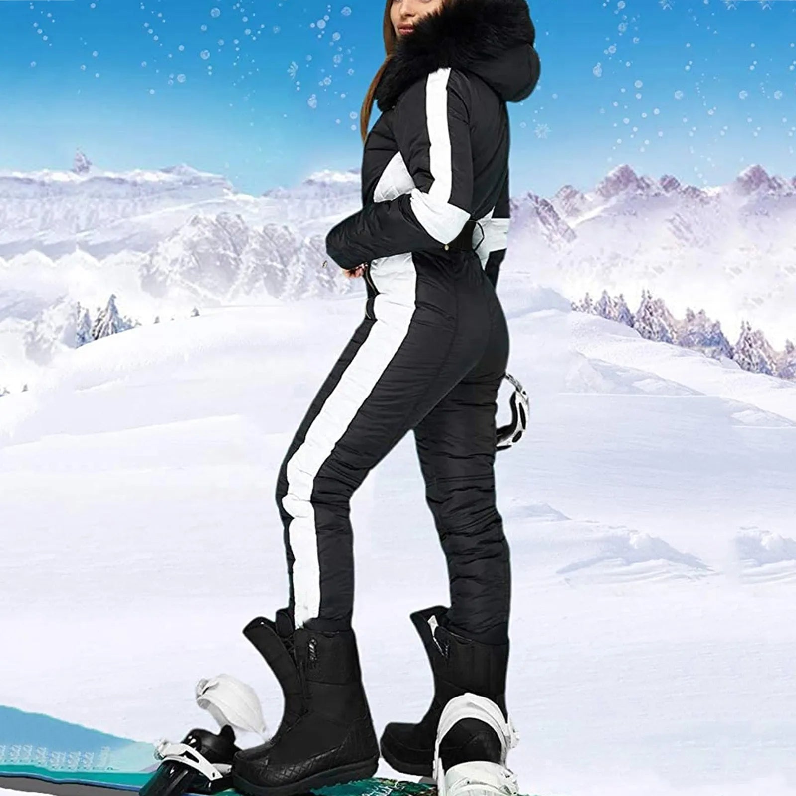 Ski Jumpsuit Women White with Black Insert Ski Winter Suits Comfy Hooded Faux Fur Jacket fashion Warm Female Pants Suit Sets