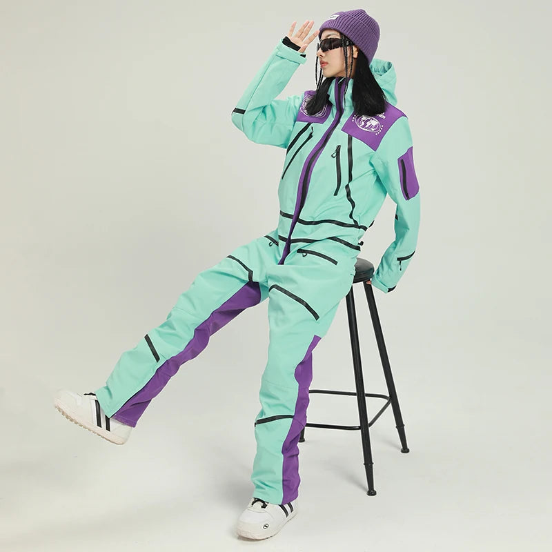 2023 Women One Piece Ski Suit Snowsuit Sport Women Ski Set Waterproof Hooded Woman Snowboard Jumpsuit Mountain Clothes Overall