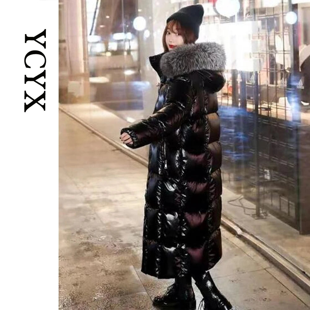 YCYX  Women Fur Down coat  Women Winter Black Loose Long Down Jacket Real Fox Fur Collar Hooded Fashion Waterproof Female YC504