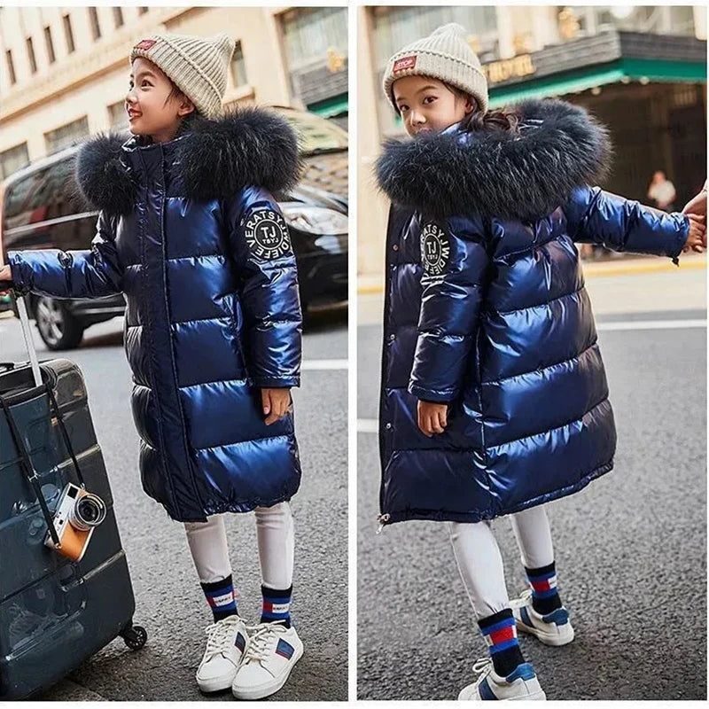 2023 Winter Keep Warm Jackets For Girls Coat Waterproof Shiny Hooded Children's Outerwear 5-14 Years Teenage Kids Parka Snowsuit