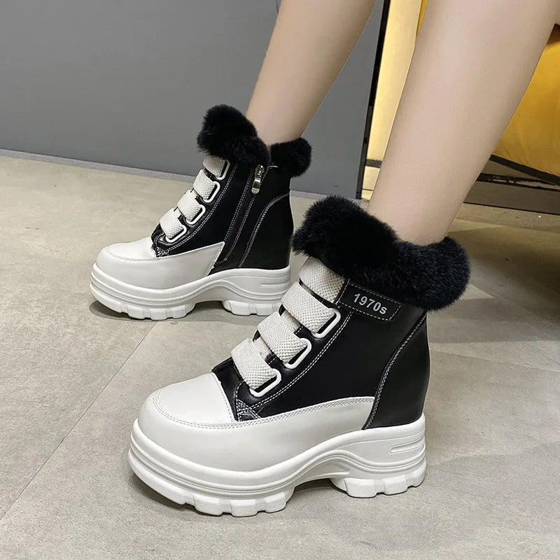 8cm Sports Women's Boots 2023 Autumn and Winter Fashionable High-top Sneakers Shoes Furry Korean Style Boots Thick-soled Shoes