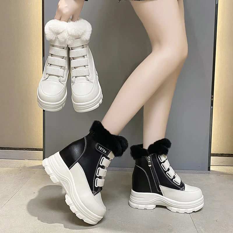 8cm Sports Women's Boots 2023 Autumn and Winter Fashionable High-top Sneakers Shoes Furry Korean Style Boots Thick-soled Shoes