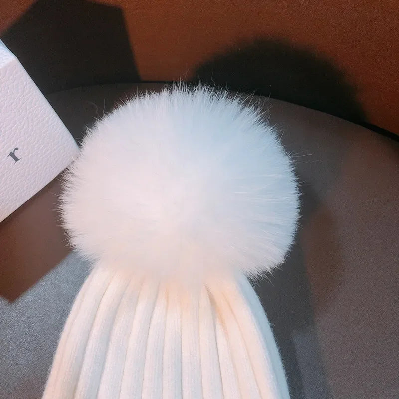 Natural  Mink Pom Pom Beanies Winter Hat Children Women fox Fur Pompoms Kids Knitted Hat Fashion Ear Protection Wool Hat